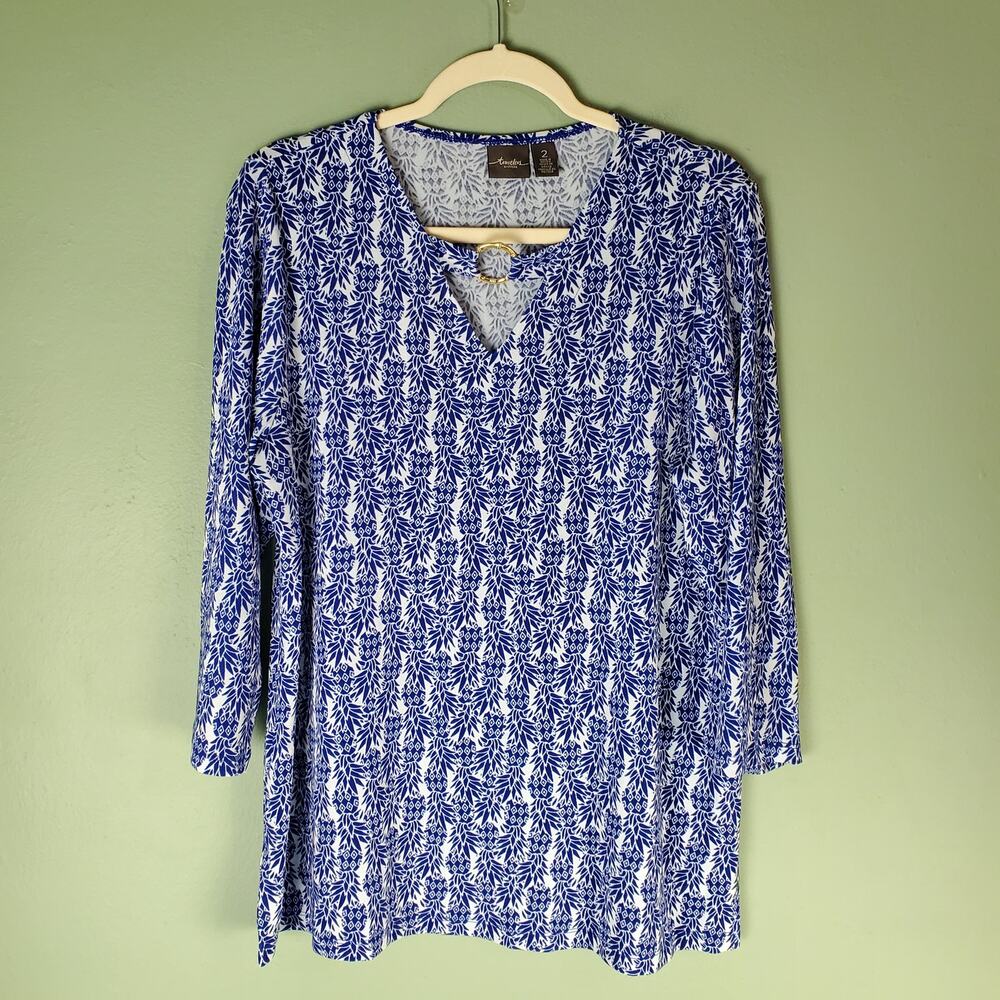 Chicos Travelers Womens Blue Pineapple Passion Top Size 2